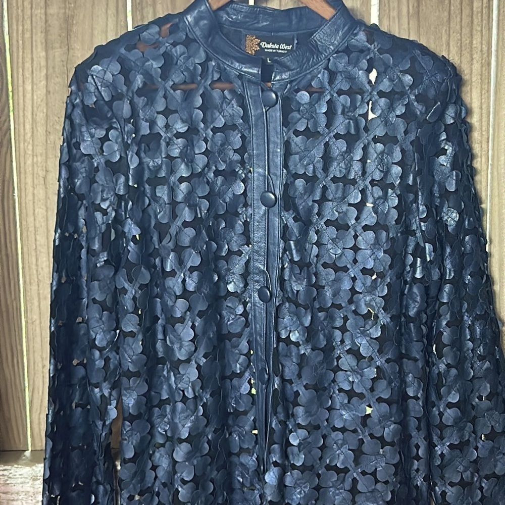 Dakota West Leather Mesh Women’s 3D Daisy Duster Jacket Size L Navy Blue - Picture 4 of 9